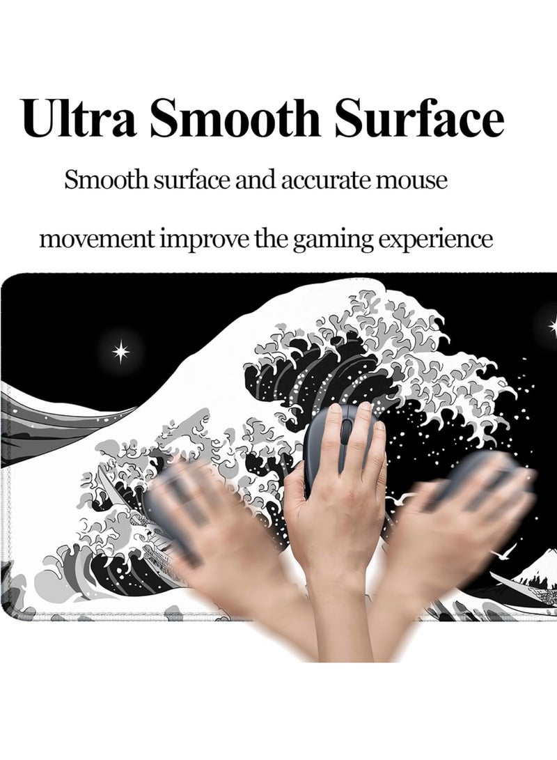 Gaming Mouse Pad, Japanese Sea Wave Large XXL Mouse Pad, Big Desk Pad, Keyboard Computer Mousepad, Mouse Mat, with Non-Slip Base Stitched Edge, for Home Office Gaming Work 31.5 x 11.8 Inch - Image 5