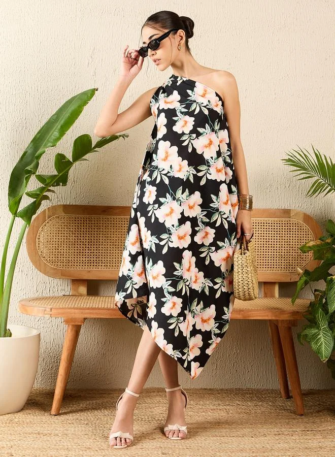 Uptownie Black Asymmetric One Shoulder Crepe Dress