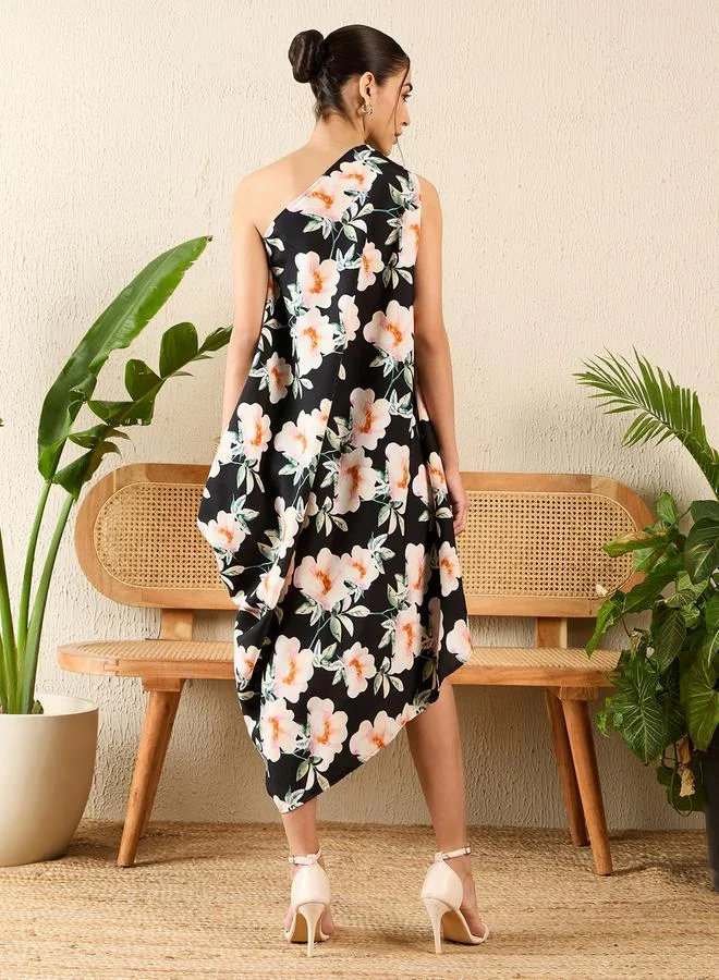 Uptownie Black Asymmetric One Shoulder Crepe Dress