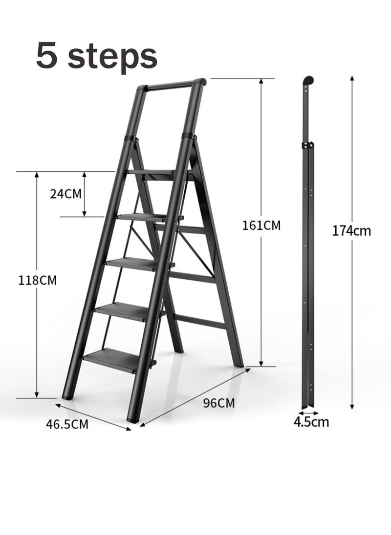 SUNRISE - SUNRISE 5 Step Ladder Aluminum Folding  Step Stool with Convenient Handgrip Lightweight Step Ladder with Anti-Slip Sturdy Pedal for Home Kitchen and Office - Image 1