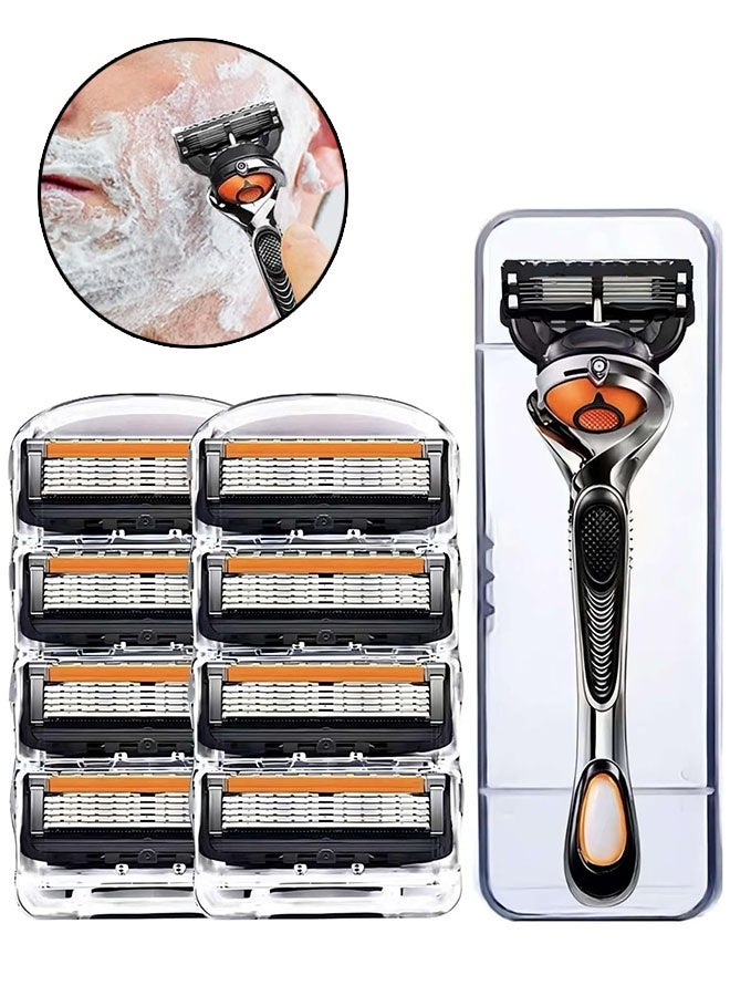 Men's Razor Blade Replacement Set with 1 Razor and 8 Blade Refills, Ultra Sharp Single Stainless Steel Blade Razor for Smooth Shaving and Comfortable, Easy to Carry, Orange/Black - Image 1