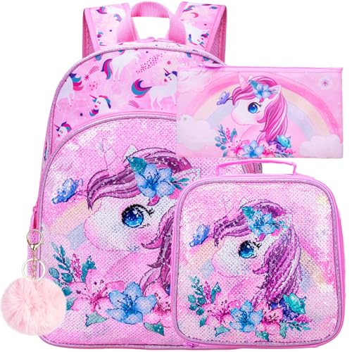 UFNDC 3PCS Unicorn Backpack for Girls, 16”Kids Sequin Bookbag with Lunch Box, School Bag for Elementary Toddler - Image 1