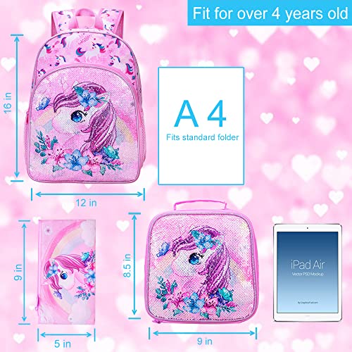UFNDC 3PCS Unicorn Backpack for Girls, 16”Kids Sequin Bookbag with Lunch Box, School Bag for Elementary Toddler - Image 4