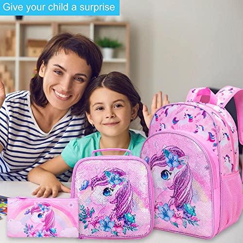 UFNDC 3PCS Unicorn Backpack for Girls, 16”Kids Sequin Bookbag with Lunch Box, School Bag for Elementary Toddler - Image 2