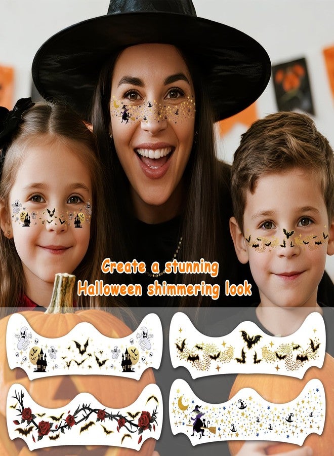 SOOVSY 12pcs Halloween Glitter Freckles Face Tattoos Makeup Patches with Pumpkin, Bat, Spider, Witch, Skull, Love Heart, Flowers Design, Face Temporary Tattoos for Adults Kids Rave Accessories - Image 4
