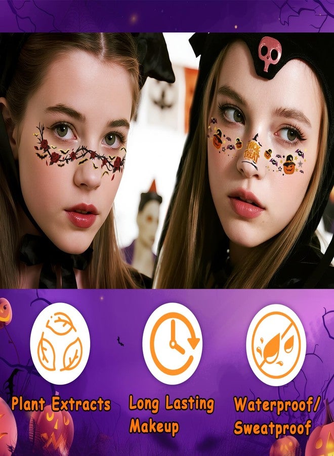 SOOVSY 12pcs Halloween Glitter Freckles Face Tattoos Makeup Patches with Pumpkin, Bat, Spider, Witch, Skull, Love Heart, Flowers Design, Face Temporary Tattoos for Adults Kids Rave Accessories - Image 3