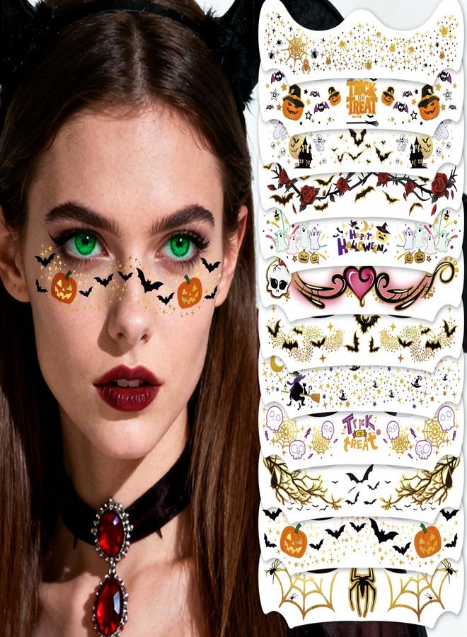 SOOVSY 12pcs Halloween Glitter Freckles Face Tattoos Makeup Patches with Pumpkin, Bat, Spider, Witch, Skull, Love Heart, Flowers Design, Face Temporary Tattoos for Adults Kids Rave Accessories - Image 1