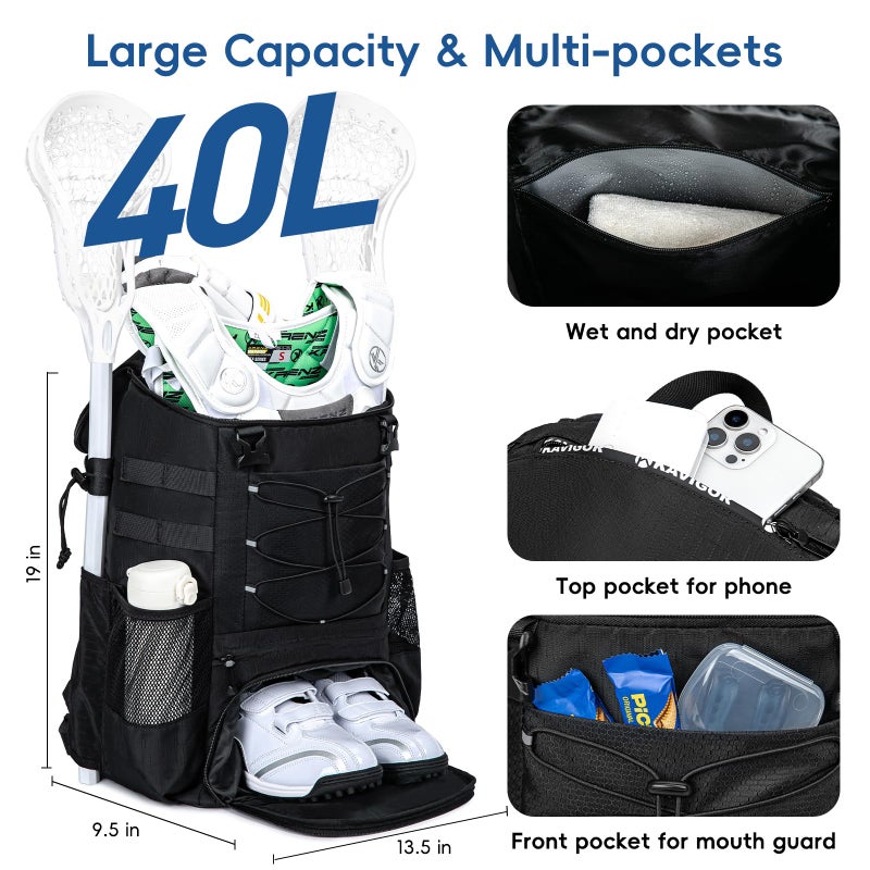 KAVIGOR Lacrosse Bag for Kids and Youth, Lacrosse Backpack with Helmet Holder and Shoes Compartment, Waterproof Field Hockey Gears Bag for Boys & Girls - Image 3
