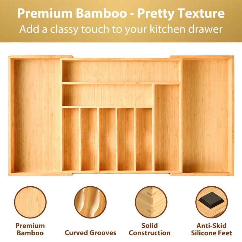 Umilife Extra Large Expandable Kitchen Siverware Utensils Drawer Organizer, 19" Deep for Big Drawer, Adjustable Bamboo Wood Drawer Divider with Curved Grooves, Cutlery Tray Flatware Holder - Image 3