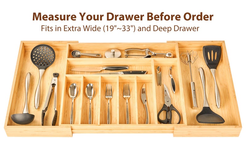 Umilife Extra Large Expandable Kitchen Siverware Utensils Drawer Organizer, 19" Deep for Big Drawer, Adjustable Bamboo Wood Drawer Divider with Curved Grooves, Cutlery Tray Flatware Holder - Image 5