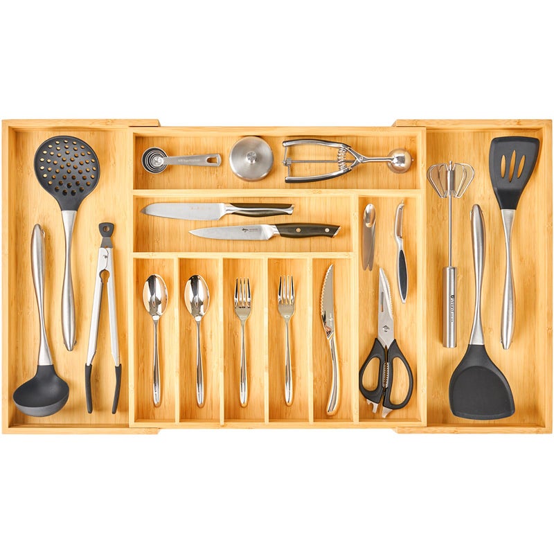Umilife Extra Large Expandable Kitchen Siverware Utensils Drawer Organizer, 19" Deep for Big Drawer, Adjustable Bamboo Wood Drawer Divider with Curved Grooves, Cutlery Tray Flatware Holder - Image 1
