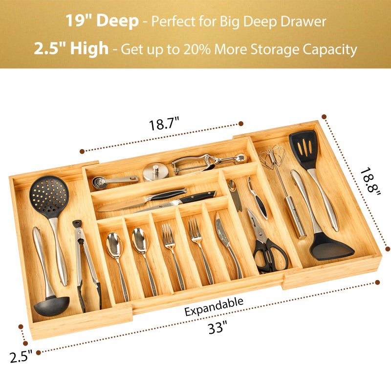 Umilife Extra Large Expandable Kitchen Siverware Utensils Drawer Organizer, 19" Deep for Big Drawer, Adjustable Bamboo Wood Drawer Divider with Curved Grooves, Cutlery Tray Flatware Holder - Image 2