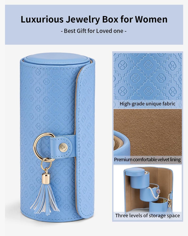 Vlando Jewellery Box Travel Accessory Storage Organizer Roll Small Faux Leather Travel Jewellery Box for Rings, Earring, Necklaces (I.Khaki) (I.Blue) - Image 4