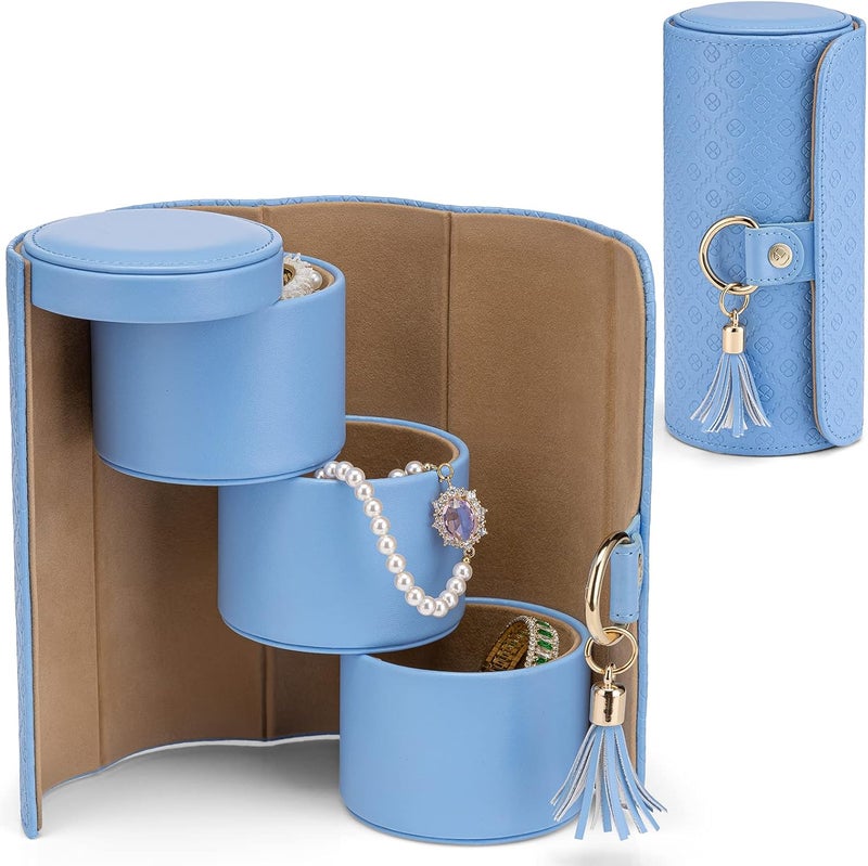 Vlando Jewellery Box Travel Accessory Storage Organizer Roll Small Faux Leather Travel Jewellery Box for Rings, Earring, Necklaces (I.Khaki) (I.Blue) - Image 1