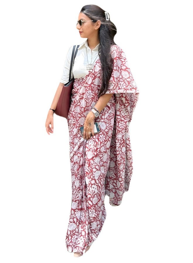 Sidhidata Sidhidata Women's Printed Chanderi Cotton Saree With Unstitched Blouse Piece (Lotus Maroon_Maroon_Free Size)  - Image 1