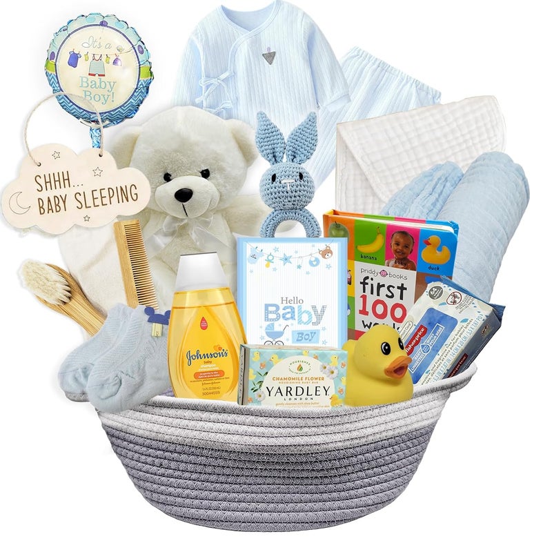 Beyond The Box New Baby Boy Gift Basket  Unique Gift Set for a New MOM Light Blue Baby Gift Set Welcome Baby Care Package All wNewborn Essentials Bundle for Expecting Moms Baby Shower After Labor Gift - Image 1