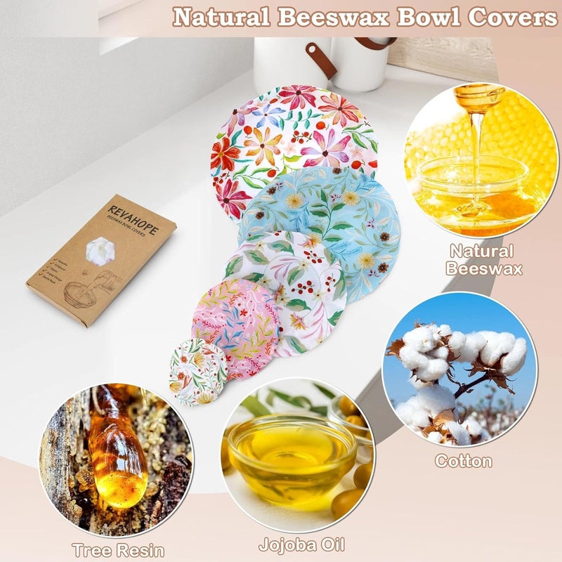 Revahope 5-Size Reusable Beeswax Bowl Covers for Bread Proofing, Cotton Cloth Flexible Beeswax Wraps for Food Storage(Rainbow Floral) - Image 3