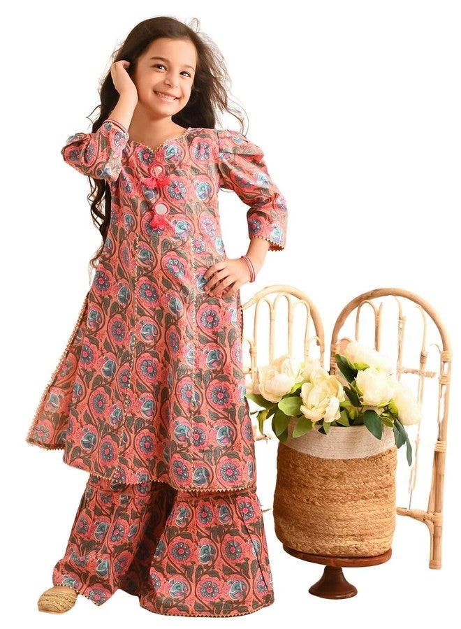 LILPICKS Ethnic Motif Printed Puff Sleeves Tassel Kurta Sharara Set for Girls (Multi) (4-5Y) - Image 1