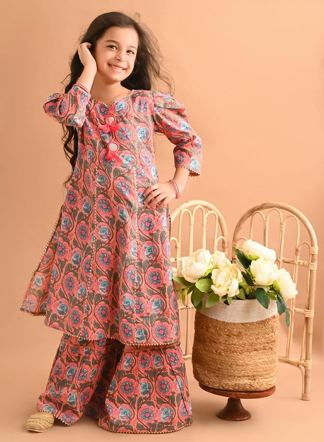 LILPICKS Ethnic Motif Printed Puff Sleeves Tassel Kurta Sharara Set for Girls (Multi) (4-5Y) - Image 3