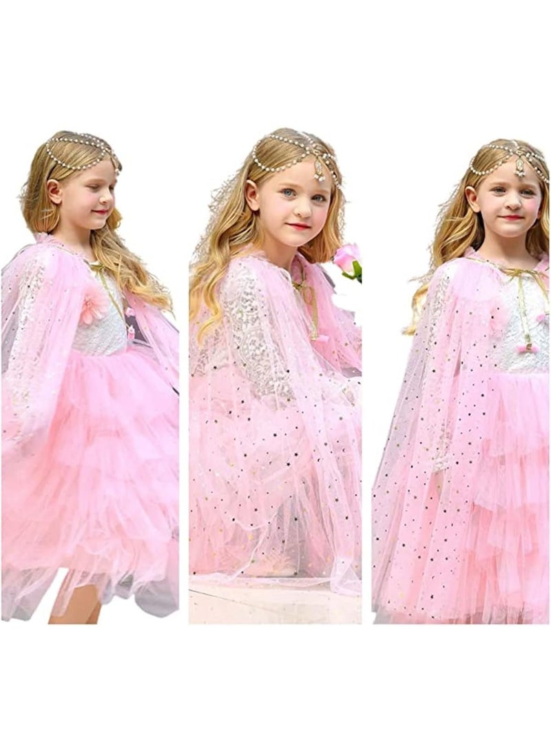 MIXDE 8 Pcs Princess Cape Set, Dress up Clothes for Little Girls Party Cosplay Cloak, with Crown, Wand, Gloves, Necklace, Earrings, Ring and Bracelet, for Girls 3-8 Years Old (Pink),SIZE:M  - Image 4
