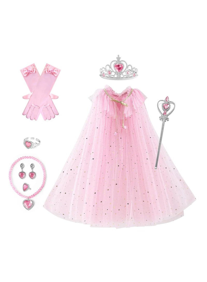 MIXDE 8 Pcs Princess Cape Set, Dress up Clothes for Little Girls Party Cosplay Cloak, with Crown, Wand, Gloves, Necklace, Earrings, Ring and Bracelet, for Girls 3-8 Years Old (Pink),SIZE:M  - Image 1