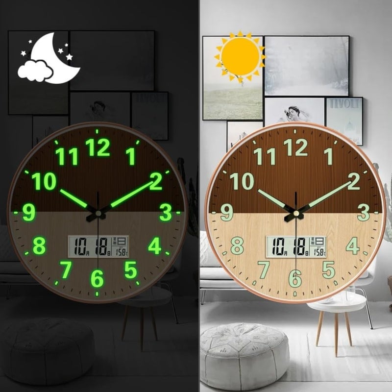 STAR WORK Modern 12 Inch Silent Wall Clock with Glow-in-The-Night Radium, Non-Ticking Mechanism & Big Numbers – Perfect for Living Room, Bedroom, Hall & Home Décor (RADUIM Half Wood Digital) - Image 1