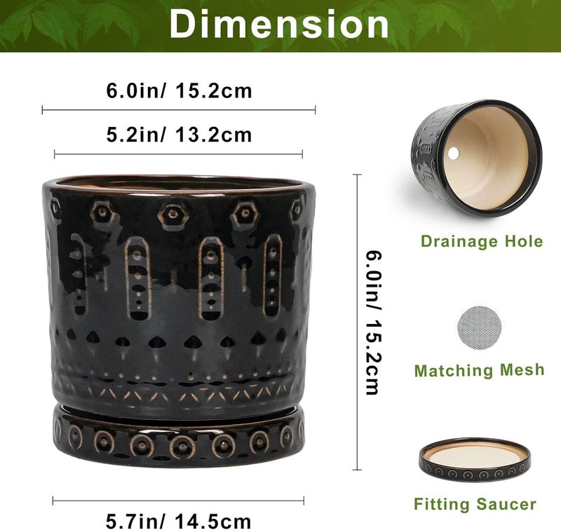 Eightpot Ceramic Plant Pots - 6 Inch Ceramic Planter for Indoor Outdoor, Round Flower Pots with Drainage Hole and Plant Saucer, Boho Decorative Small Planter, House Decor, Gifts for Gardeners, Black - Image 3