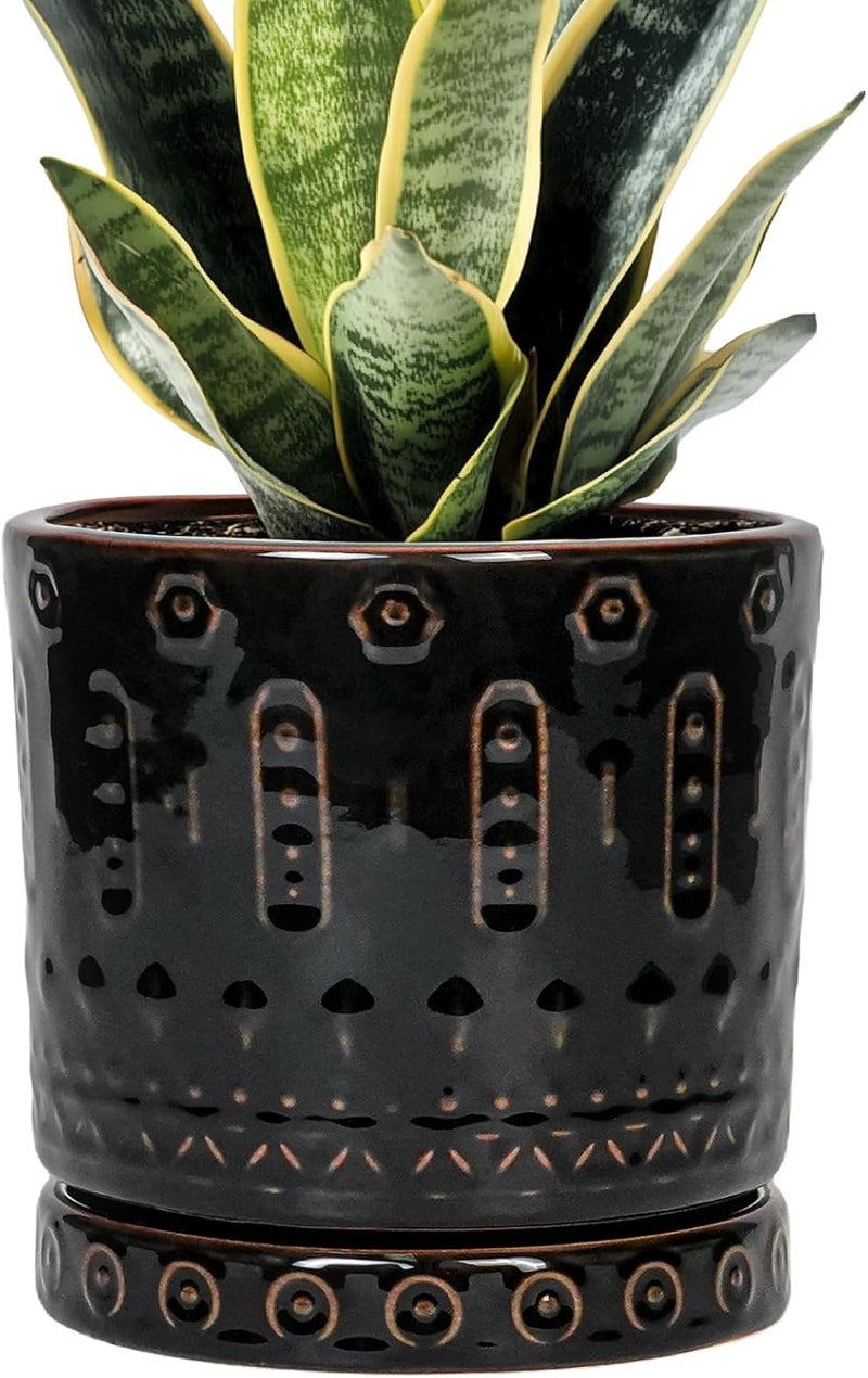 Eightpot Ceramic Plant Pots - 6 Inch Ceramic Planter for Indoor Outdoor, Round Flower Pots with Drainage Hole and Plant Saucer, Boho Decorative Small Planter, House Decor, Gifts for Gardeners, Black - Image 1