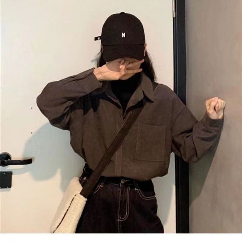 Autumn Winter Mock-Layered Long Sleeve Shirt 880 coffee color with pockets fabric