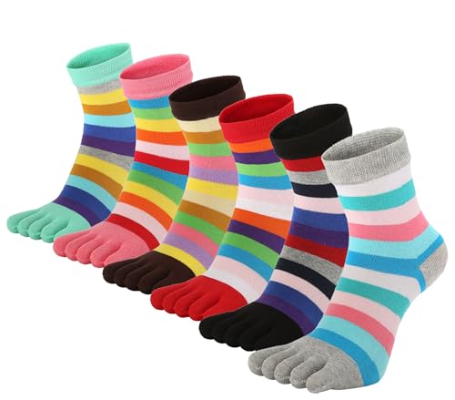 Fasot Toe Socks Women Five Toes Wicking 5 Finger Cotton Athletic Striped Crew 6 Pack - Image 1