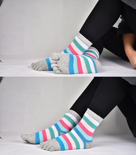 Fasot Toe Socks Women Five Toes Wicking 5 Finger Cotton Athletic Striped Crew 6 Pack - Image 5