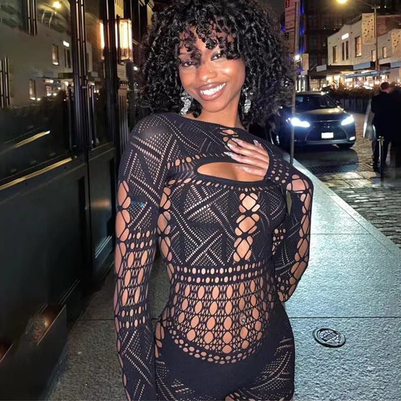 ST.Manrdy Sexy Fishnet Bodysuit for Women - Hollow Out Long Sleeve Jumpsuit | Club Wear, Party Outfits, Bodystocking(Black) - Image 2