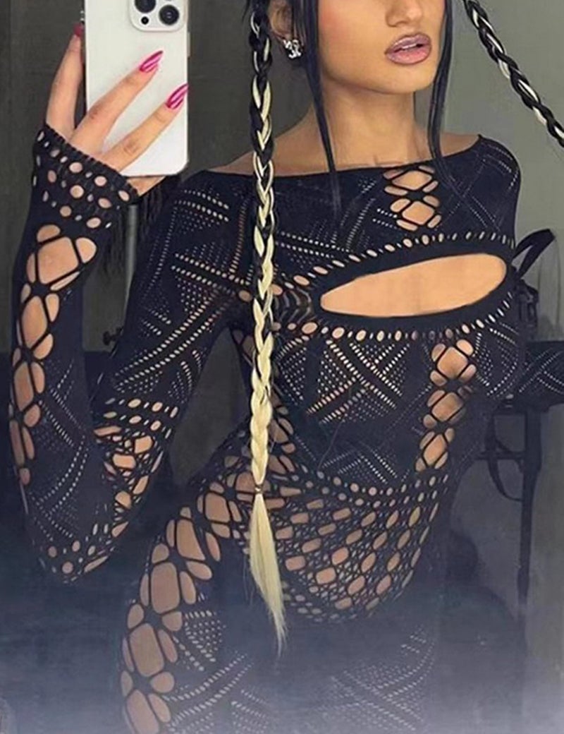 ST.Manrdy Sexy Fishnet Bodysuit for Women - Hollow Out Long Sleeve Jumpsuit | Club Wear, Party Outfits, Bodystocking(Black) - Image 3
