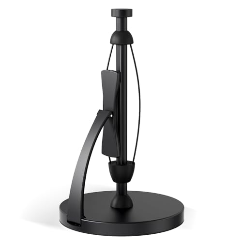 VEHHE Paper Towel Holder Countertop, Black Paper Towel Holder with Spring Activated Arm and Damping Effect, Simply Tear Paper Towel Stand for Bathroom and Kitchen (Black) - Image 1