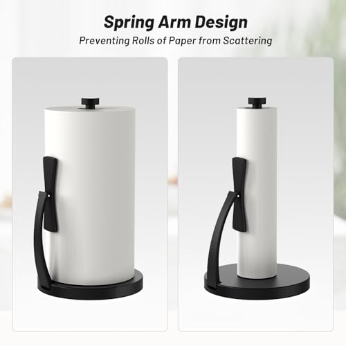 VEHHE Paper Towel Holder Countertop, Black Paper Towel Holder with Spring Activated Arm and Damping Effect, Simply Tear Paper Towel Stand for Bathroom and Kitchen (Black) - Image 4