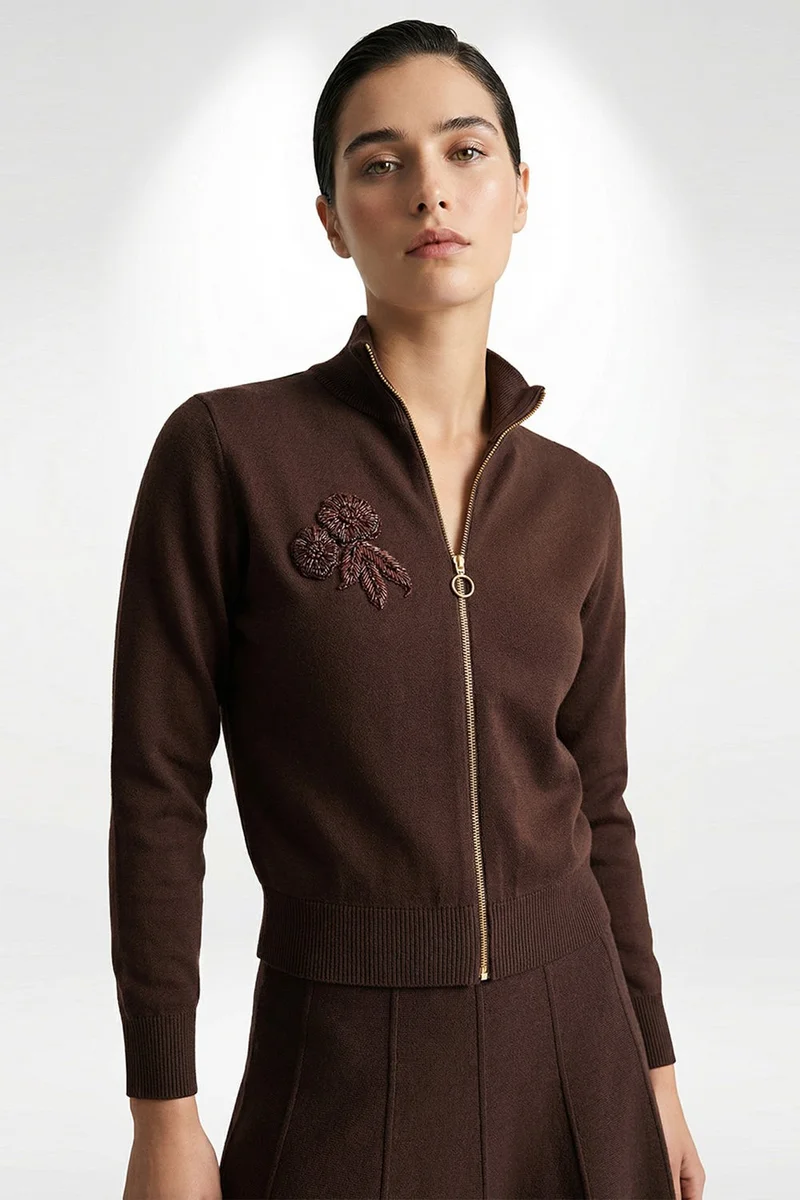 EXQUISE Zip-up, Stand-Up Collar, Long-Sleeved Regular Knit Cardigan