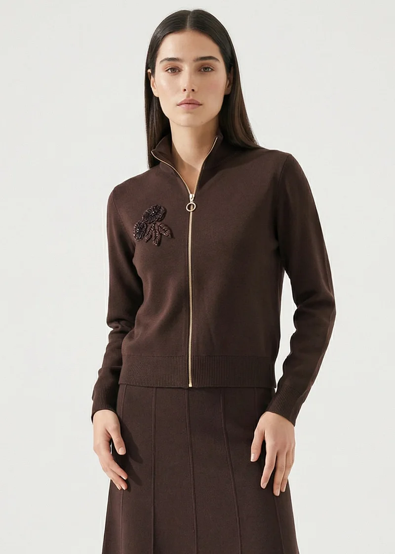 EXQUISE Zip-up, Stand-Up Collar, Long-Sleeved Regular Knit Cardigan