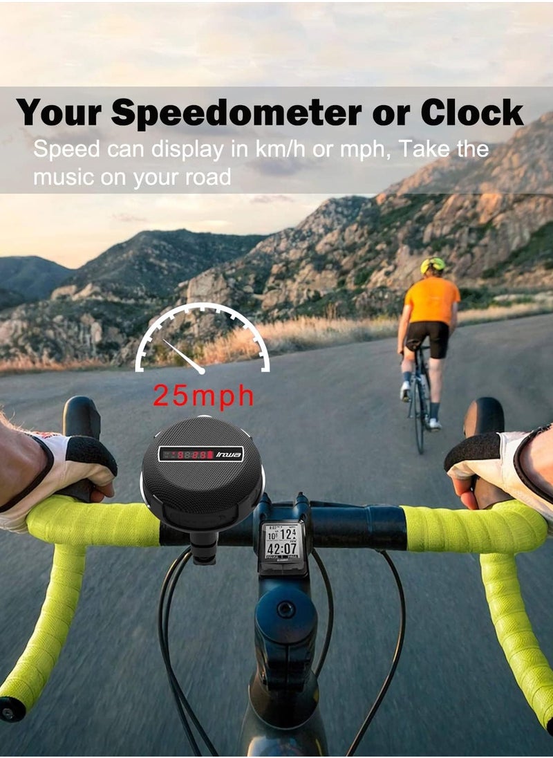 Portable Bike Bluetooth Speaker with Speed Display 480 Mins Super Long of Playtime. Decent Sound, Compact Size and Loudness for Riding, Hiking Showering Golfing