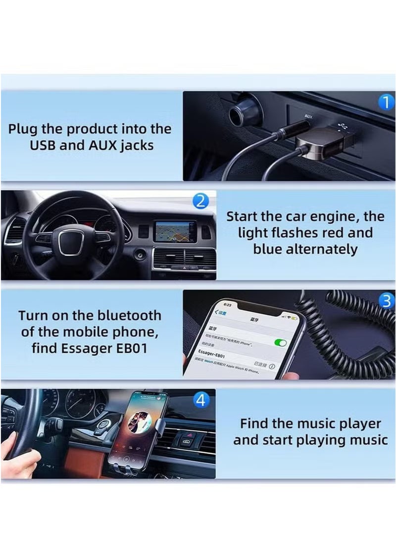 ESSAGER Aux Bluetooth Adapter for Car,Essager Noise Cancelling Bluetooth 5.0 Receiver,Lossless Music USB to 3.5mm Jack Audio Adapter with Built-in Microphone for Car Kits/Home Stereo/Handsfree Call Speaker - Image 5