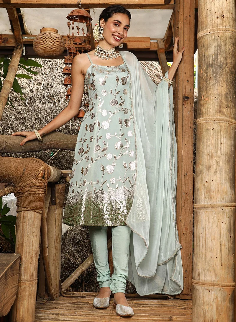 QISSA Women's Mint Green Floral Zari Anarkali Set