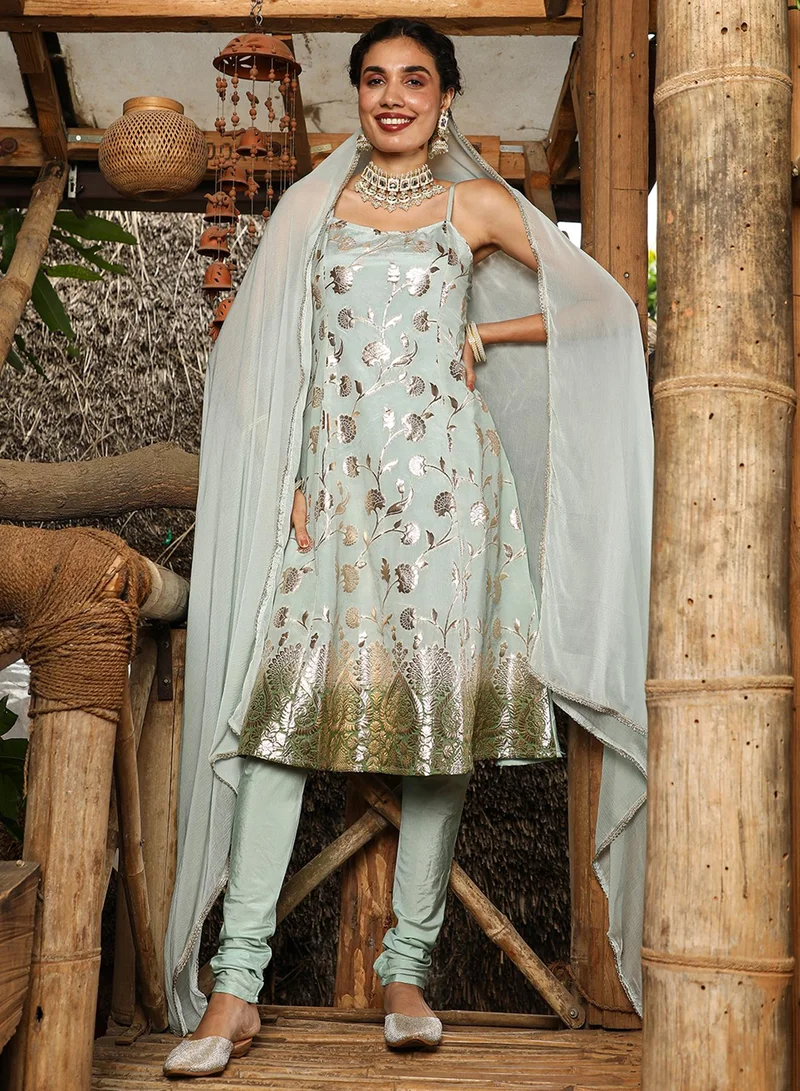 QISSA Women's Mint Green Floral Zari Anarkali Set