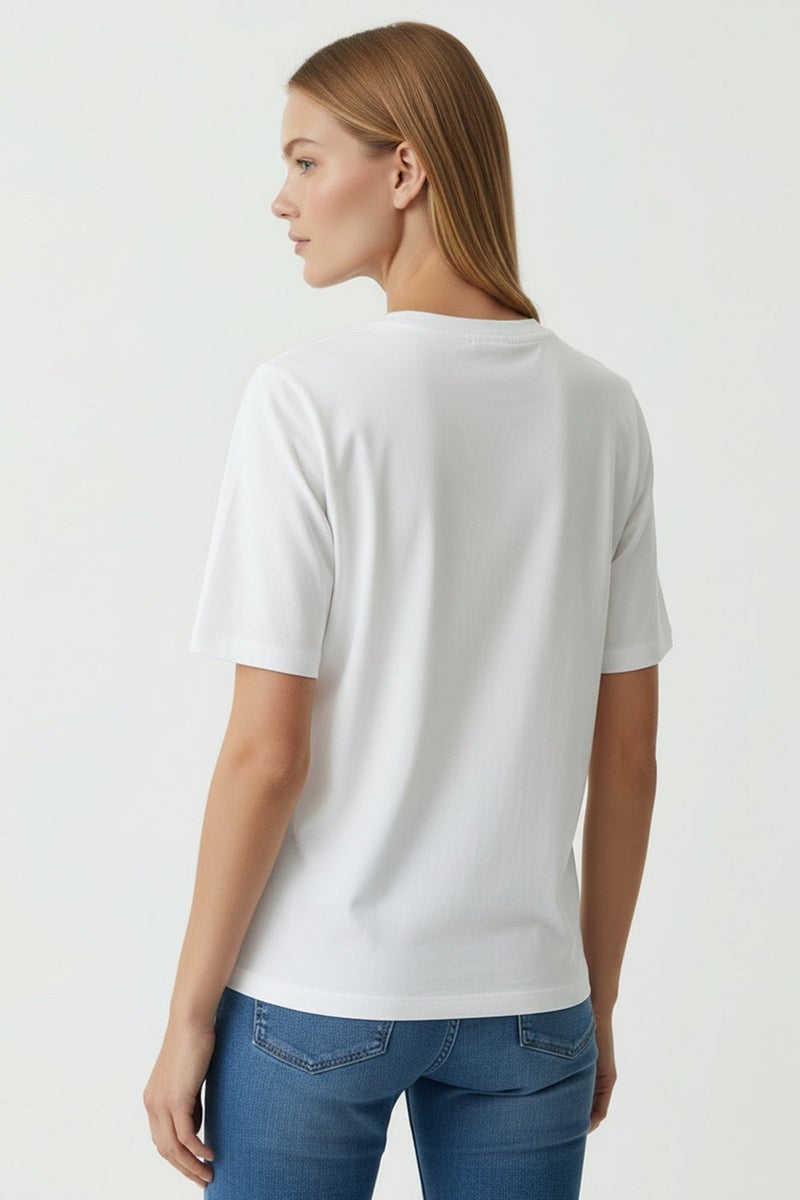 EXQUISE Floral Embroidered Crew Neck Short Sleeve Regular Knit White Turquoise T-shirt - Image 3