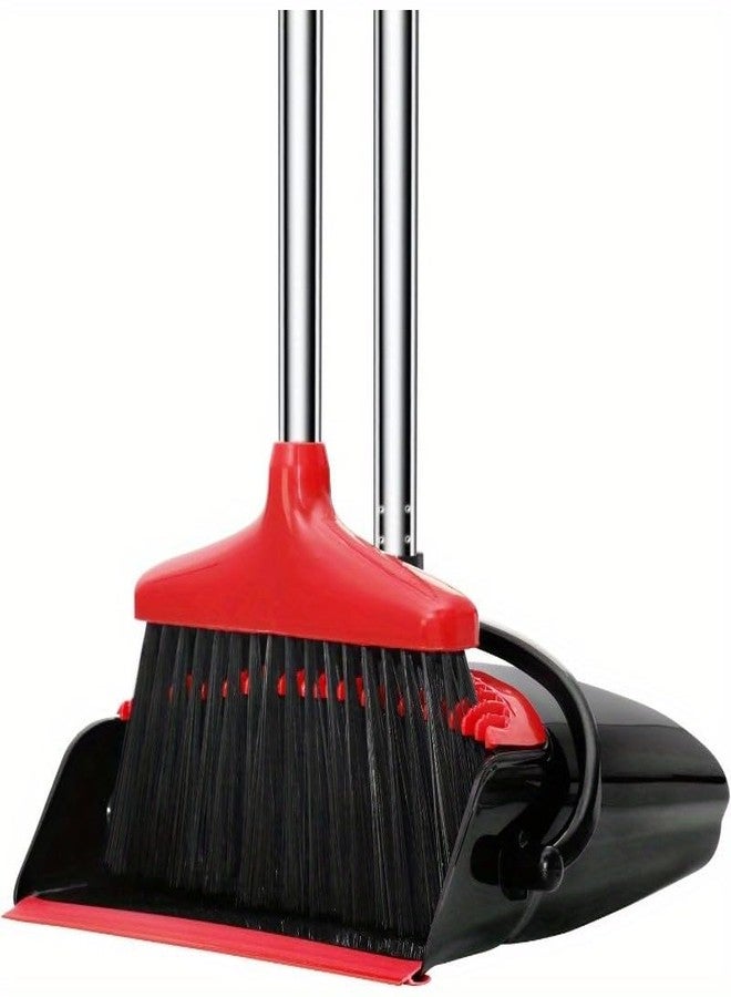Loonpon Broom with Dustpan Combo Set, 43” Long Handle Broom and Dustpan Set, Upright Standing Dust Pan for Home and Kitchen, Brooms for Sweeping Indoor（Black&Red） - Image 1
