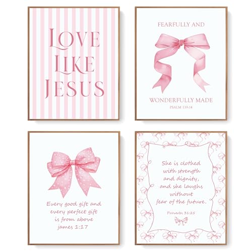 LARTSFRO Coquette Pink Bow Jesus Wall Art Decor Posters, Light Pink Bow Christian Room Bedroom Bathroom Dorm Wall Art Decor Aesthetic for College Teen Girls Gifts, Inspirational Bible Verses Bow Wall Decor, 10x8 Inch Set of 4 Bow Pictures (UNFRAMED) - Image 1