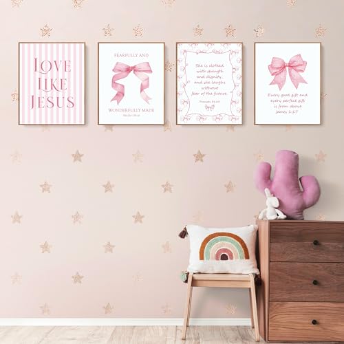 LARTSFRO Coquette Pink Bow Jesus Wall Art Decor Posters, Light Pink Bow Christian Room Bedroom Bathroom Dorm Wall Art Decor Aesthetic for College Teen Girls Gifts, Inspirational Bible Verses Bow Wall Decor, 10x8 Inch Set of 4 Bow Pictures (UNFRAMED) - Image 3