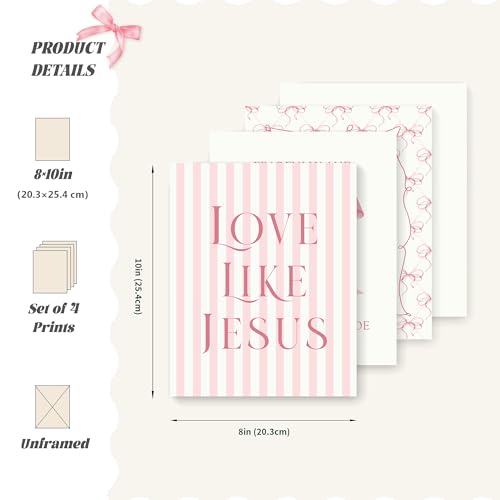 LARTSFRO Coquette Pink Bow Jesus Wall Art Decor Posters, Light Pink Bow Christian Room Bedroom Bathroom Dorm Wall Art Decor Aesthetic for College Teen Girls Gifts, Inspirational Bible Verses Bow Wall Decor, 10x8 Inch Set of 4 Bow Pictures (UNFRAMED) - Image 2