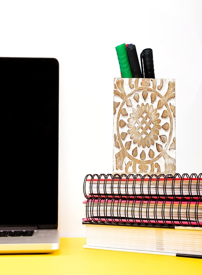 Mela Artisans Wooden Pen Jar (Whitewash), “Ajenta” Pen Holder for Desk - Wooden Desk Organizer, Art Supplies & White Pencil Cup for Office, & Home - Decorative Desk Supplies, 3.5” x 3.5” x 4” - Image 5