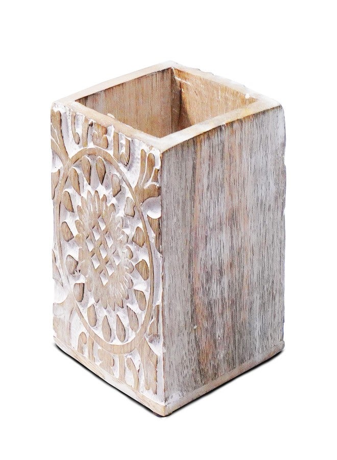 Mela Artisans Wooden Pen Jar (Whitewash), “Ajenta” Pen Holder for Desk - Wooden Desk Organizer, Art Supplies & White Pencil Cup for Office, & Home - Decorative Desk Supplies, 3.5” x 3.5” x 4” - Image 1