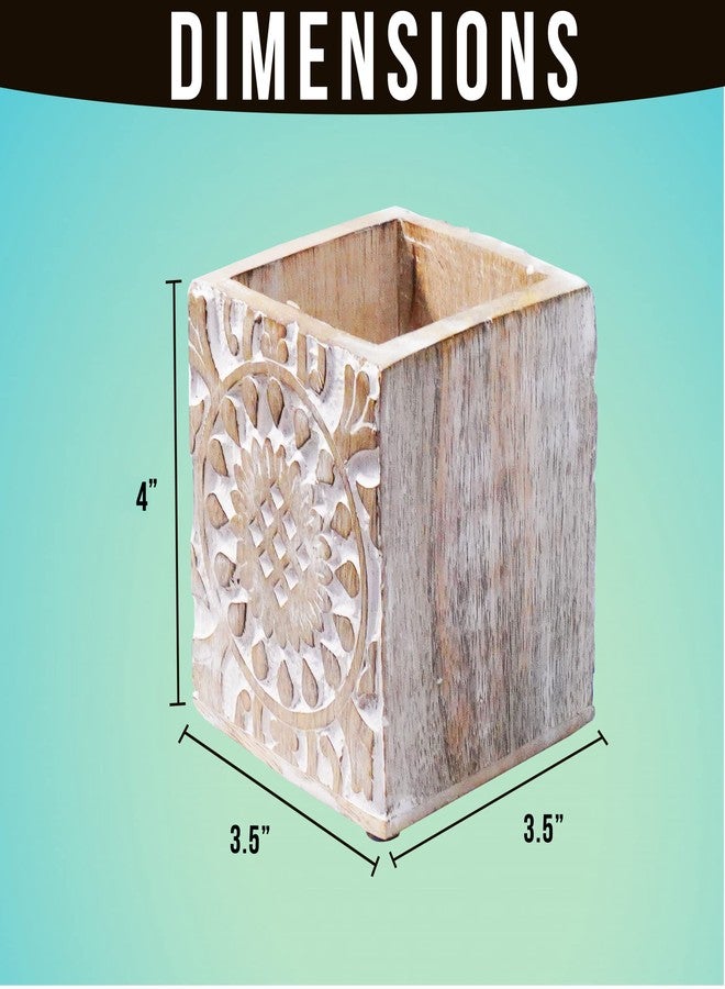 Mela Artisans Wooden Pen Jar (Whitewash), “Ajenta” Pen Holder for Desk - Wooden Desk Organizer, Art Supplies & White Pencil Cup for Office, & Home - Decorative Desk Supplies, 3.5” x 3.5” x 4” - Image 3