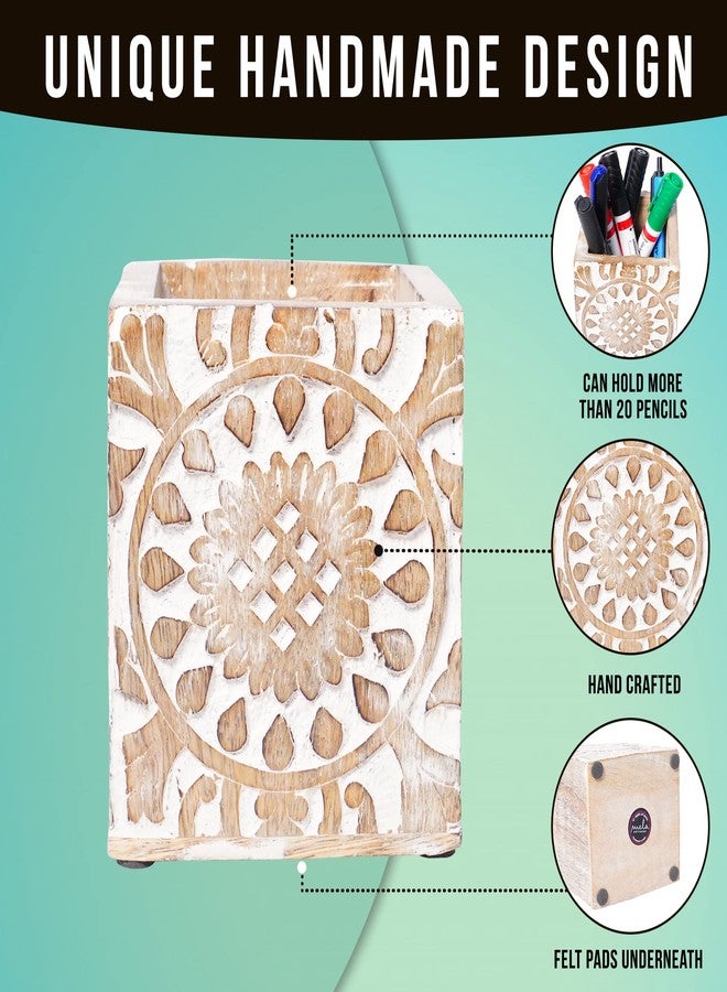 Mela Artisans Wooden Pen Jar (Whitewash), “Ajenta” Pen Holder for Desk - Wooden Desk Organizer, Art Supplies & White Pencil Cup for Office, & Home - Decorative Desk Supplies, 3.5” x 3.5” x 4” - Image 2